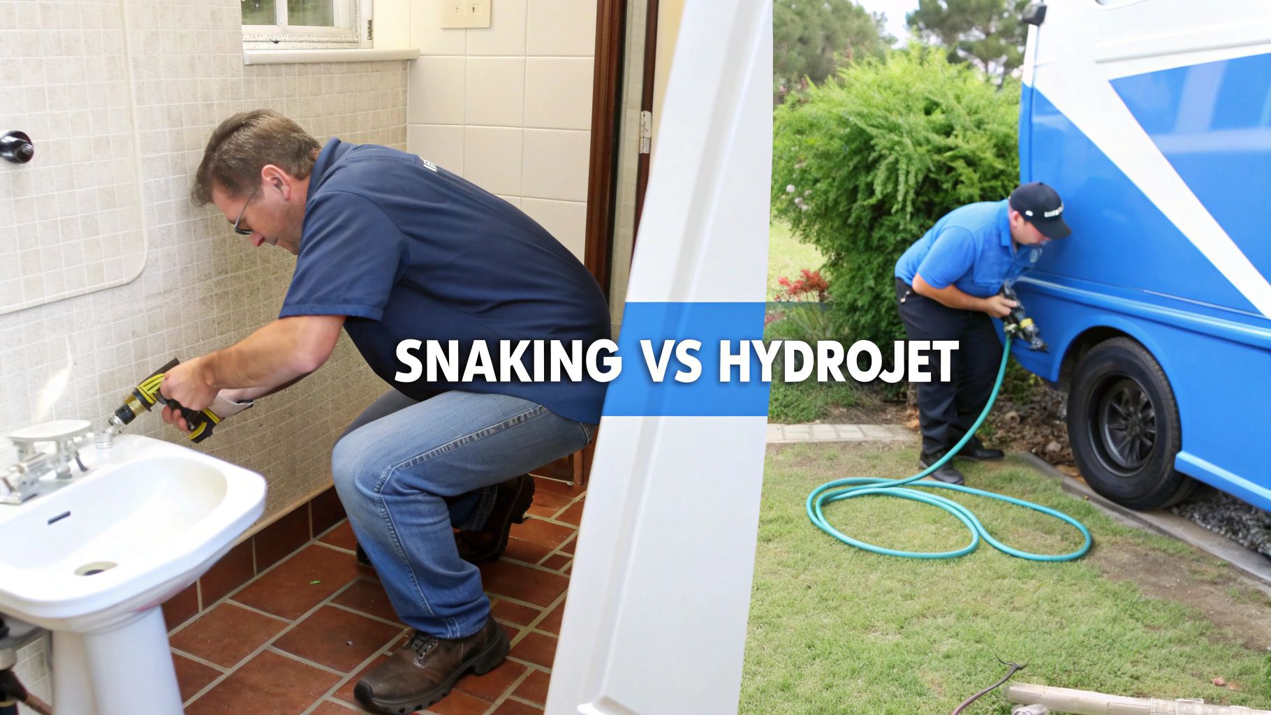 Plumbers demonstrate two drain cleaning methods: snaking indoors and hydrojetting outdoors, comparing services.
