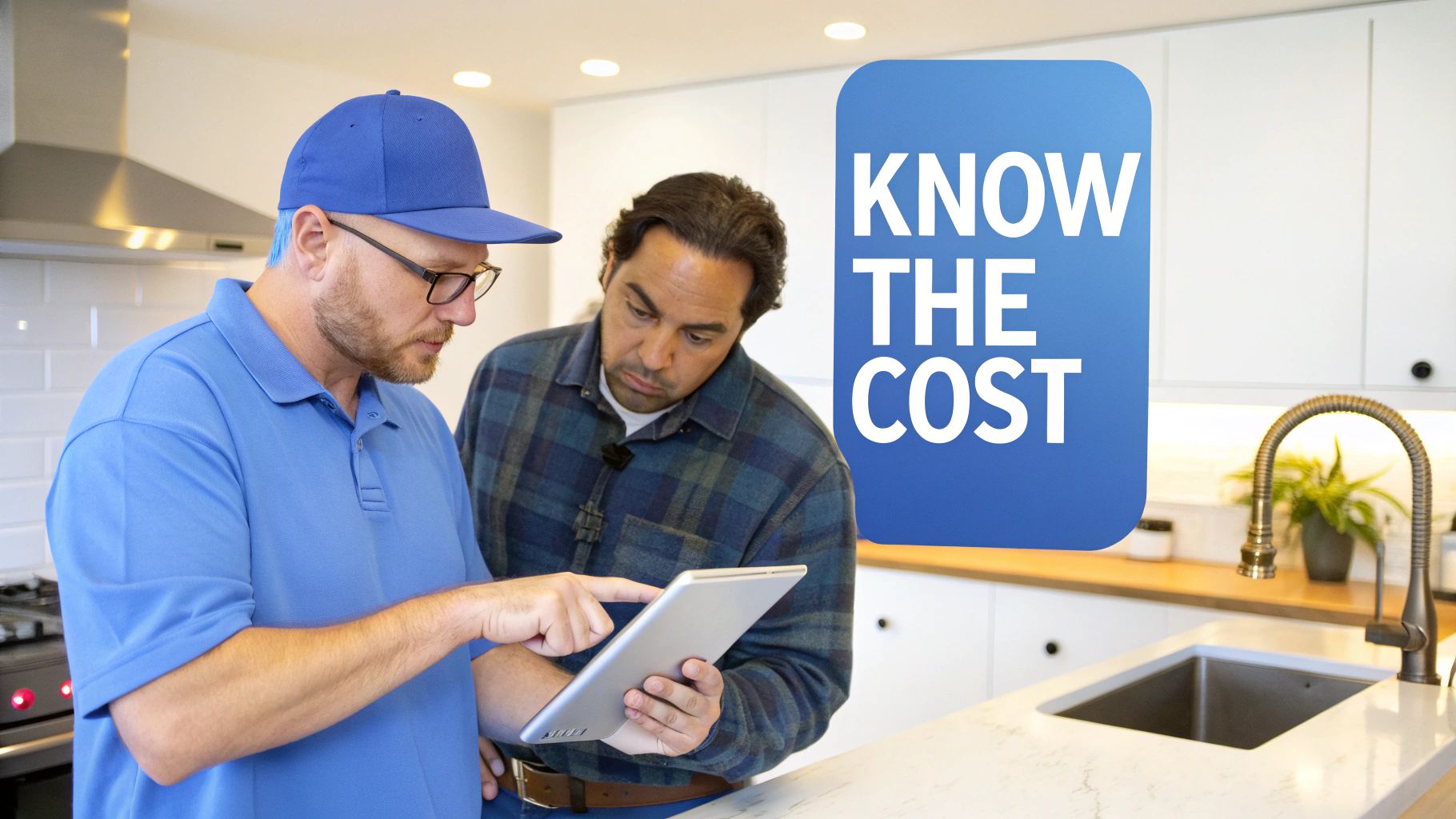 Two men discuss an estimate on a tablet in a modern kitchen with a 'Know the Cost' sign.