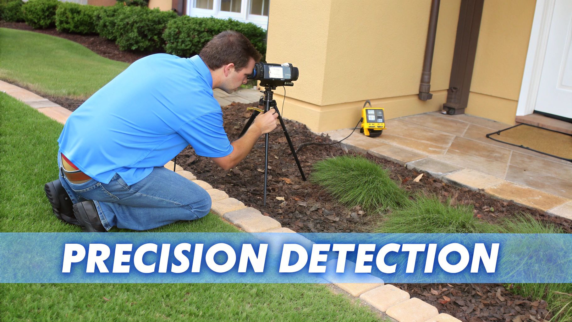 A man kneels in a garden, using a camera on a tripod for precision detection, with a yellow leak detector nearby.