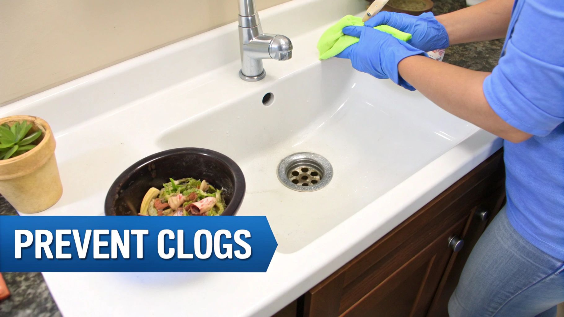 A person in blue gloves cleans a white kitchen sink with a green cloth, near a bowl of food scraps and a text overlay 'PREVENT CLOGS'.