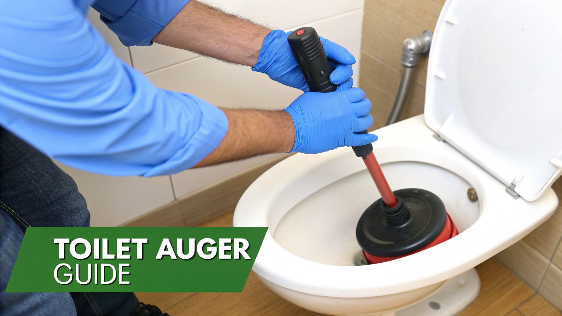 A person wearing blue gloves uses a red and black toilet auger to clear a clogged white toilet.