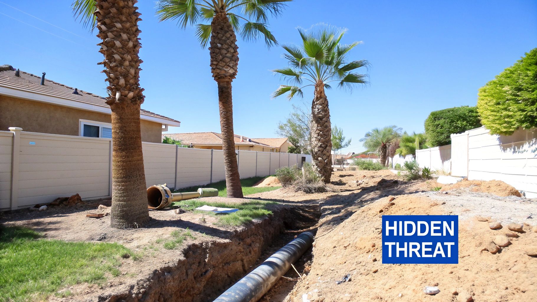 A Homeowner's Guide to Root Removal From Sewer Line in Las Vegas 1 A backyard trench exposes a large pipe for repair, with palm trees, a fence, and a house.