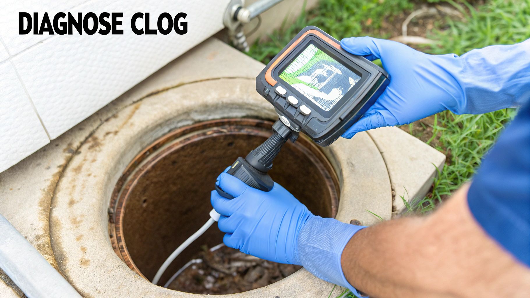 Person in blue gloves using a drain inspection camera to diagnose a clog in an outdoor pipe.