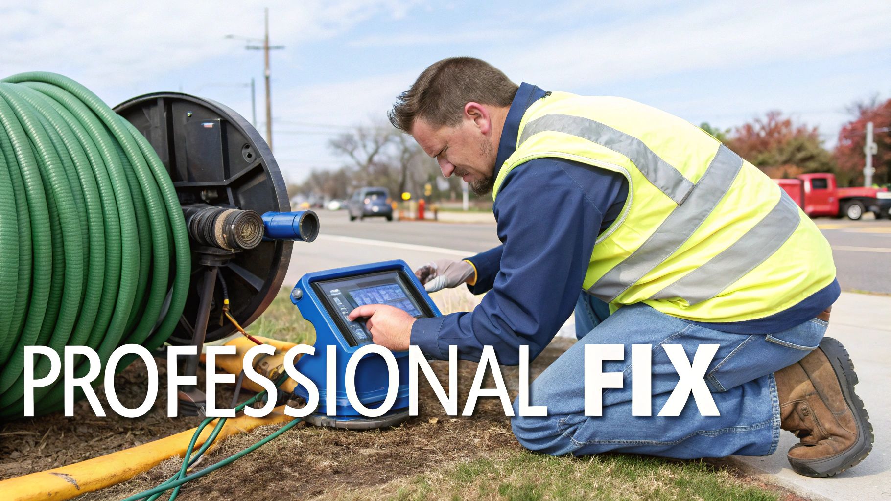 A male technician in a safety vest operates a blue diagnostic device next to a large green hose reel outdoors.