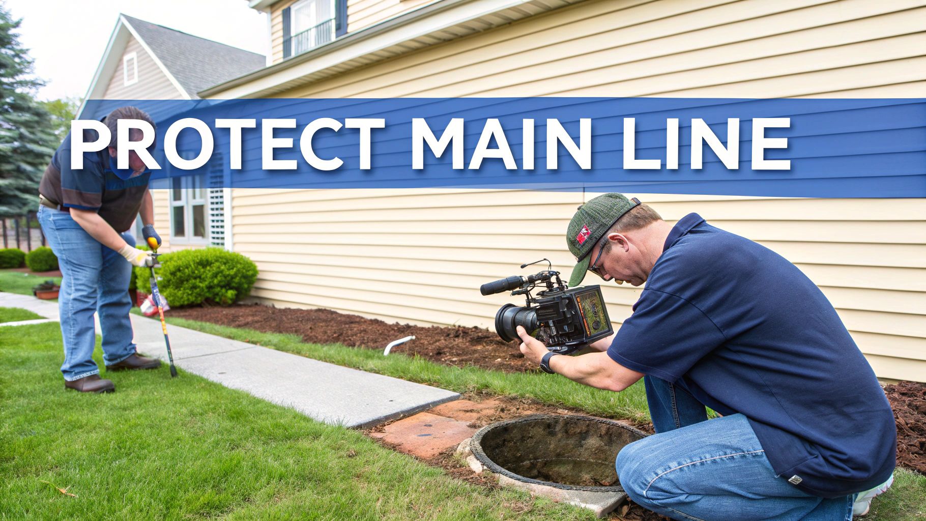 Two men inspecting a main sewer line outside a house with a camera and tools.