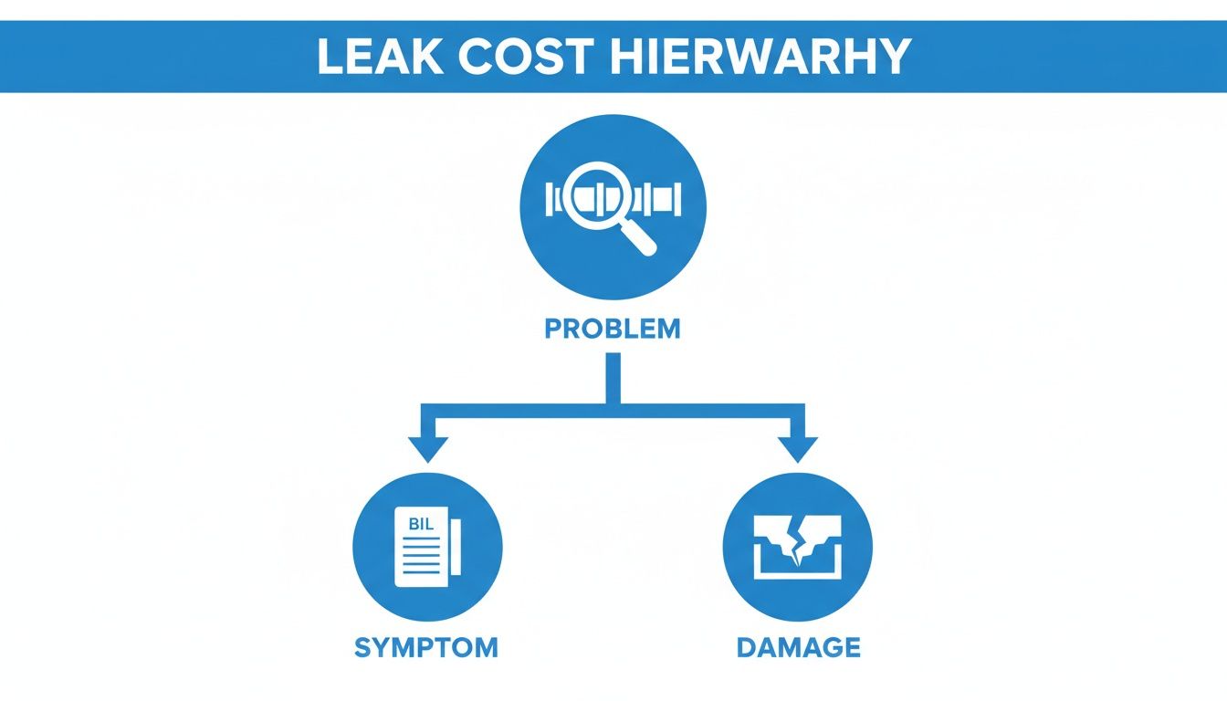 Hierarchy chart illustrating the relationship between a leak problem, its symptoms like bills, and resulting damage.