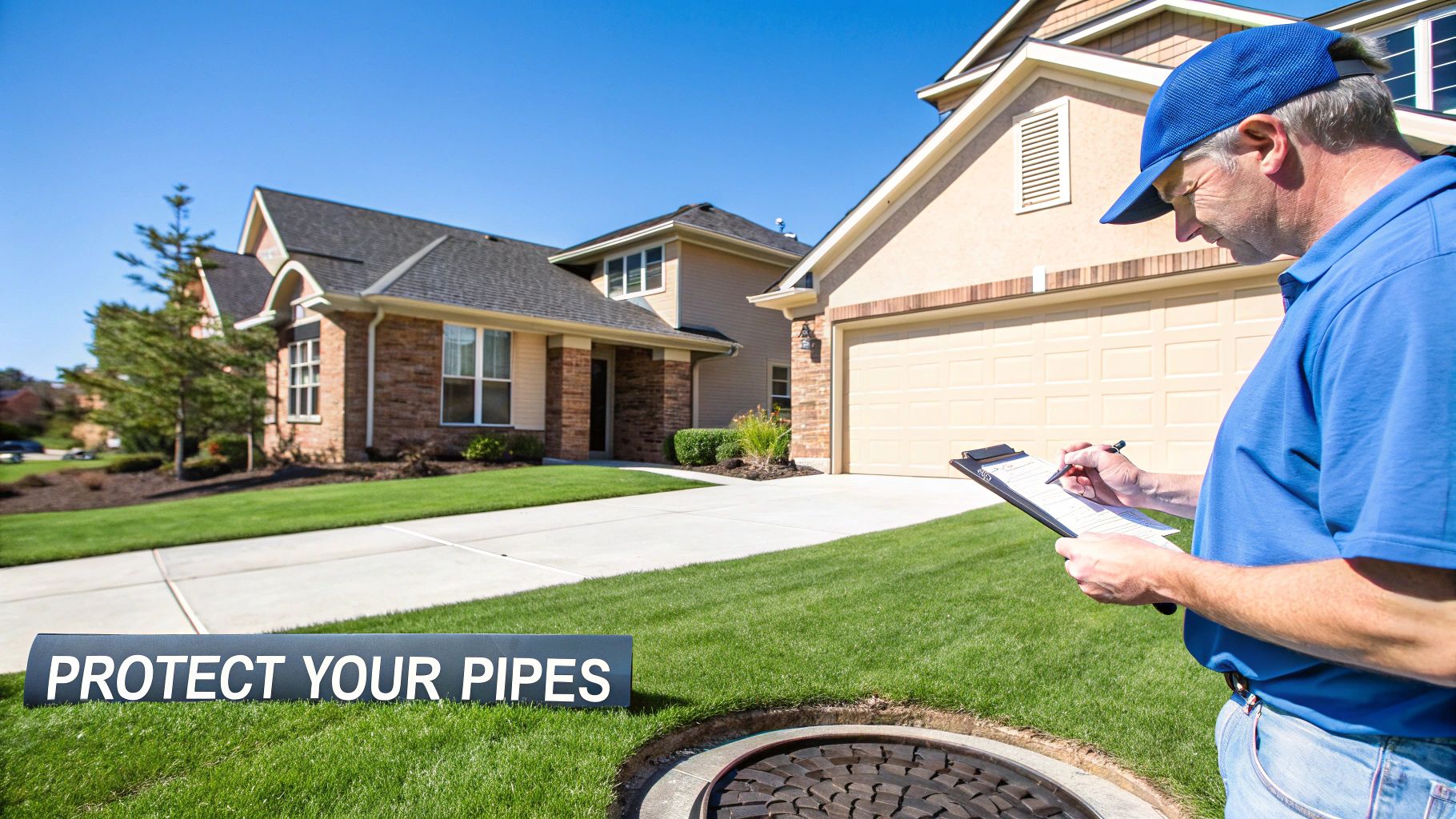 A service worker inspects a sewer line in a suburban neighborhood with a "PROTECT YOUR PIPES" sign.