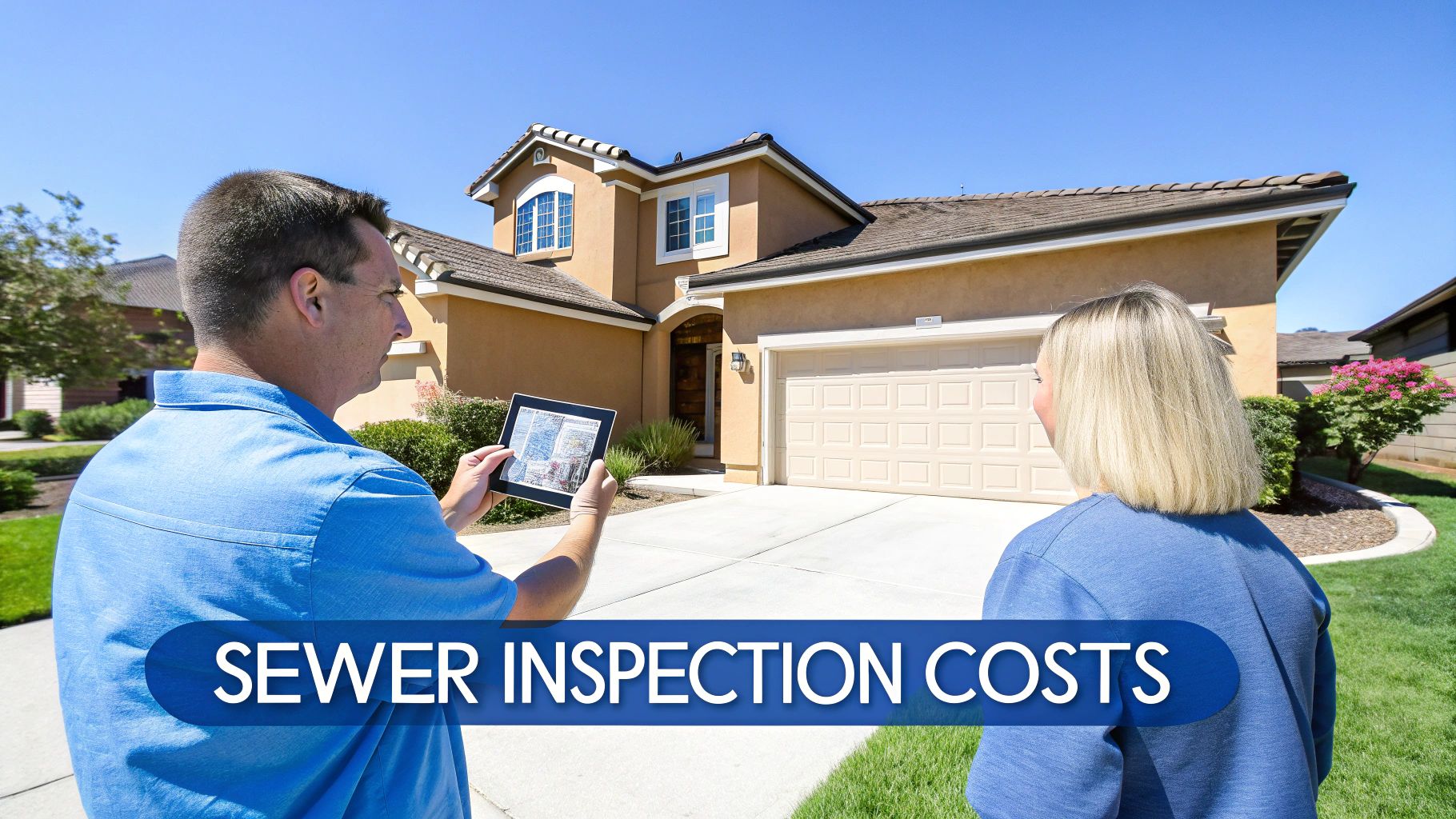 A man and woman stand in front of a house; the man holds a tablet, with 'SEWER INSPECTION COSTS' text.