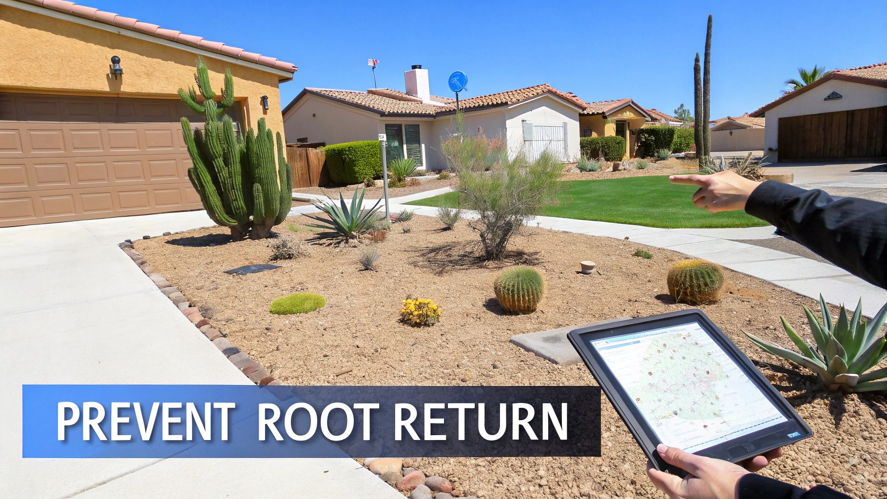 A Homeowner's Guide to Root Removal From Sewer Line in Las Vegas 3 A person with a tablet points at a desert-landscaped residential yard with houses, planning root prevention.