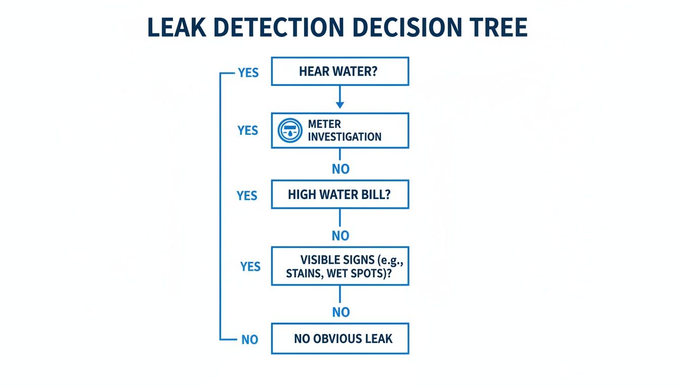 A flowchart presenting a leak detection decision tree, guiding through steps like hearing water, meter investigation, and visible signs.