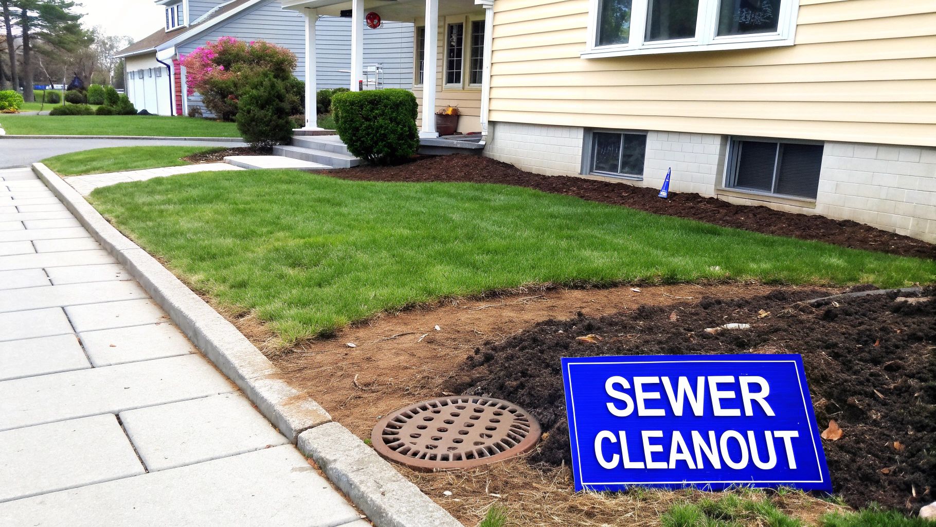 A blue 'SEWER CLEANOUT' sign stands in a freshly dug area of a yard next to a metal grate and a house.