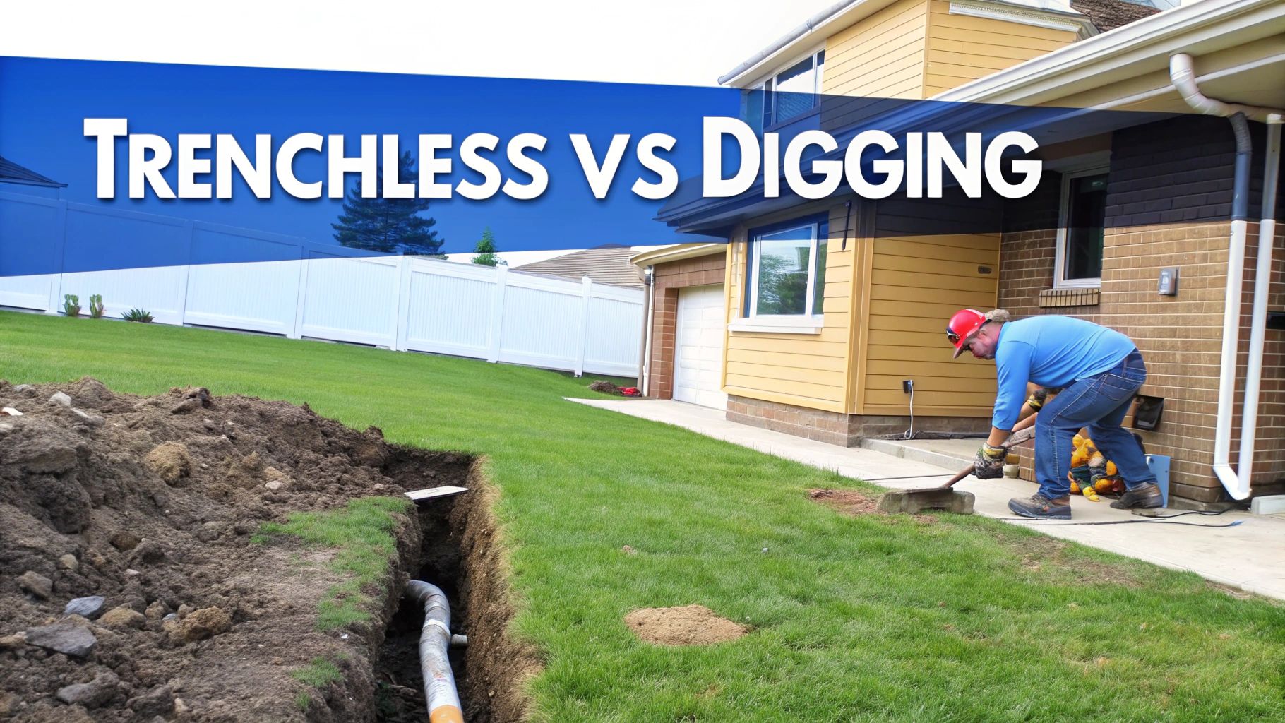 A man digging a trench in a green lawn next to a house, illustrating trenchless vs. digging methods.