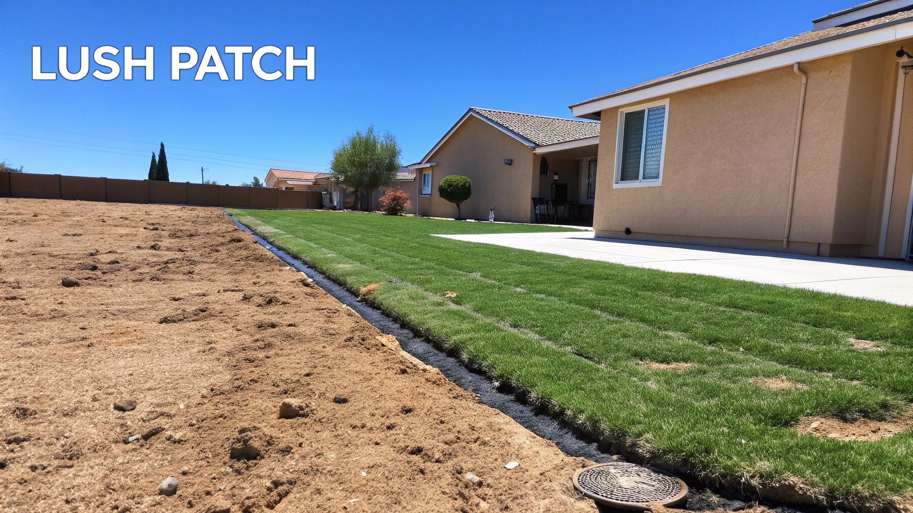 Fresh green grass sod laid in a sunny backyard next to prepared bare soil.