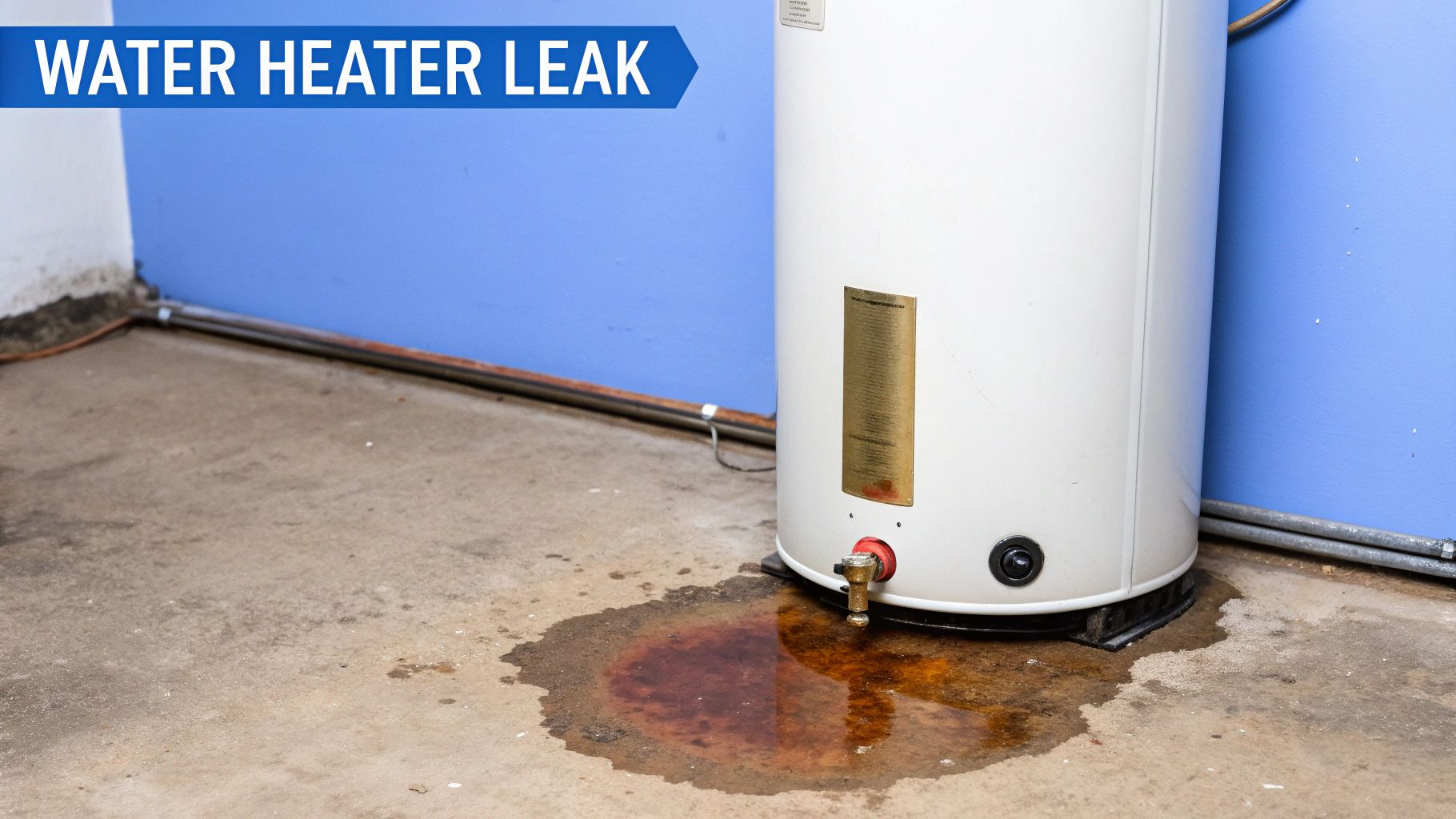 8 Critical Signs It's Time to Call a Plumber in Las Vegas 2 A white water heater with a visible reddish-brown water leak spreading on a concrete floor.