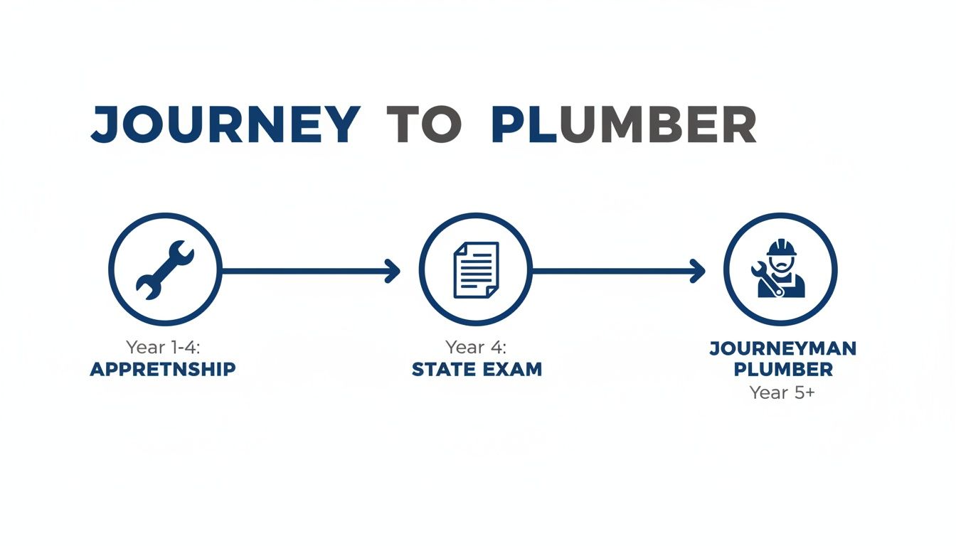 Infographic showing the journey to become a journeyman plumber through apprenticeship and a state exam in Las Vegas.