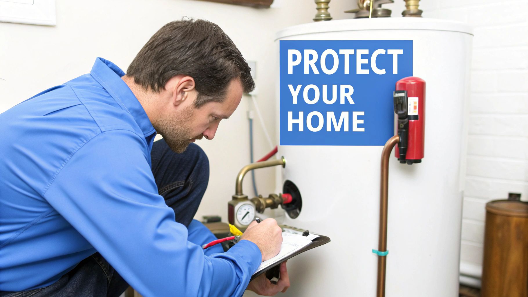 A journeyman plumber in Las Vegas inspecting a water heater.