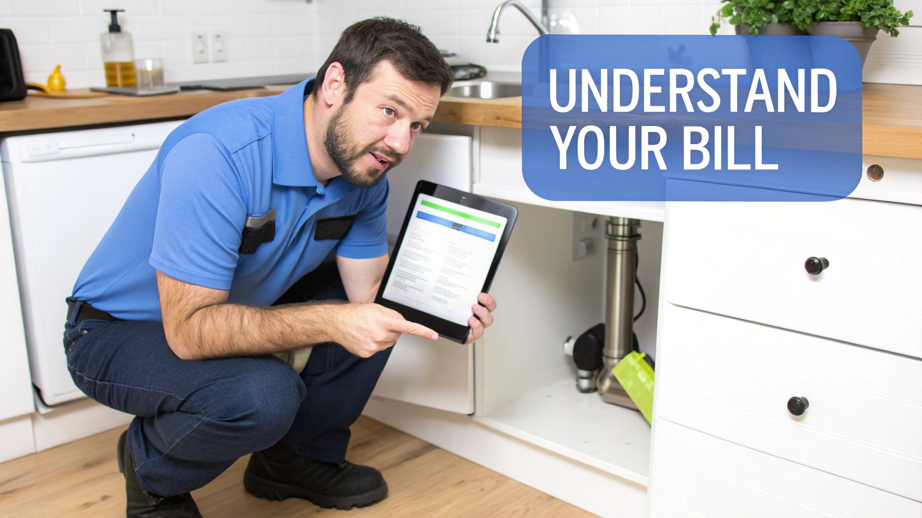 A male plumber in a blue shirt crouches in a kitchen, showing a tablet displaying a bill to help understand it.