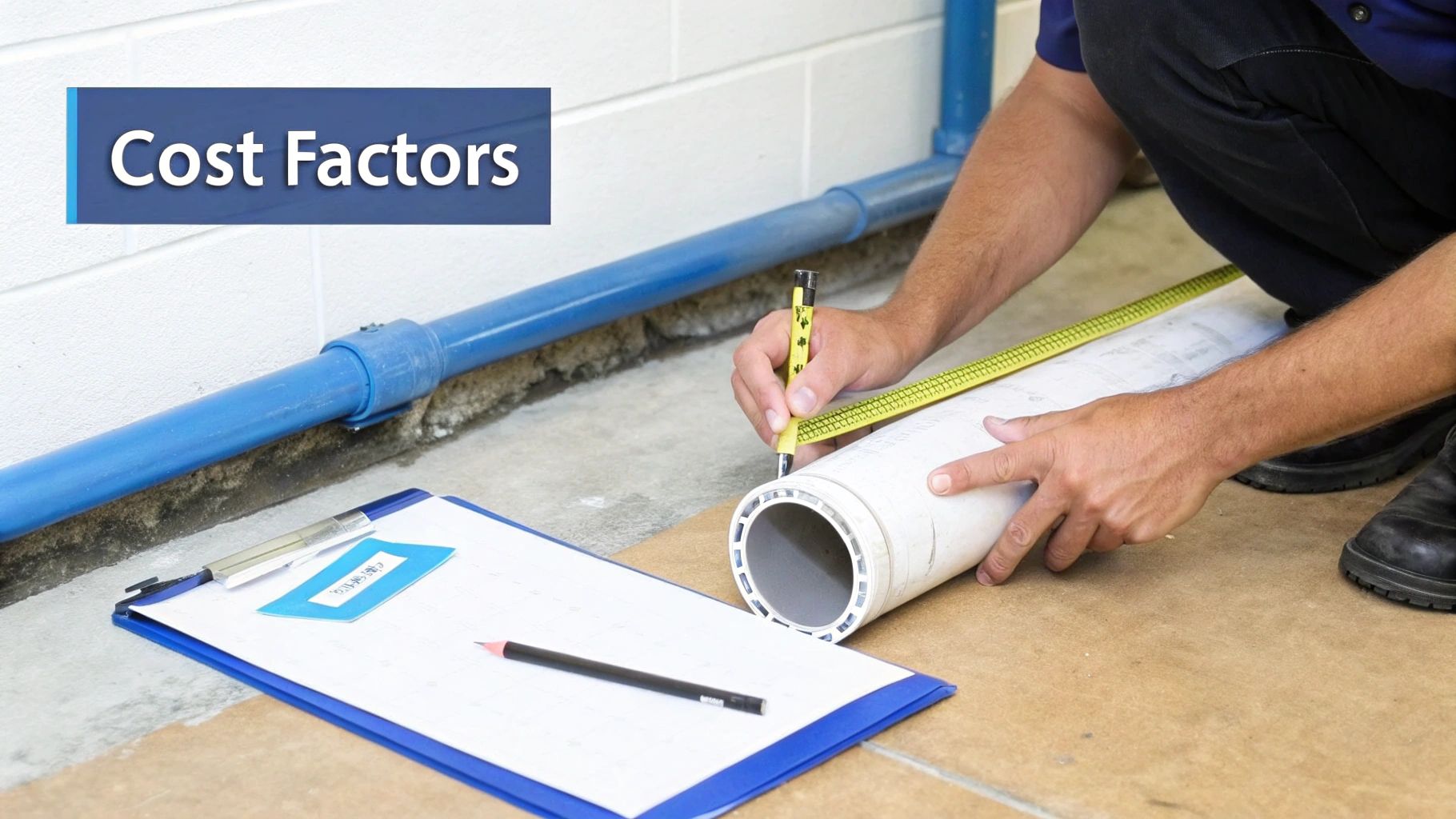 A worker measures a large pipe with a tape measure and pencil, indicating cost factor calculations.