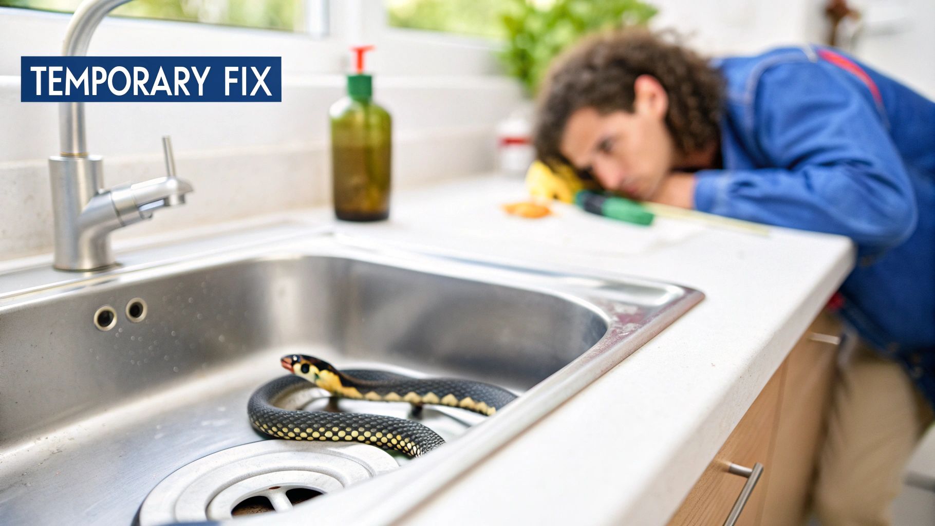 A man looks exasperated at a snake in a kitchen sink, beneath a 'TEMPORARY FIX' banner.