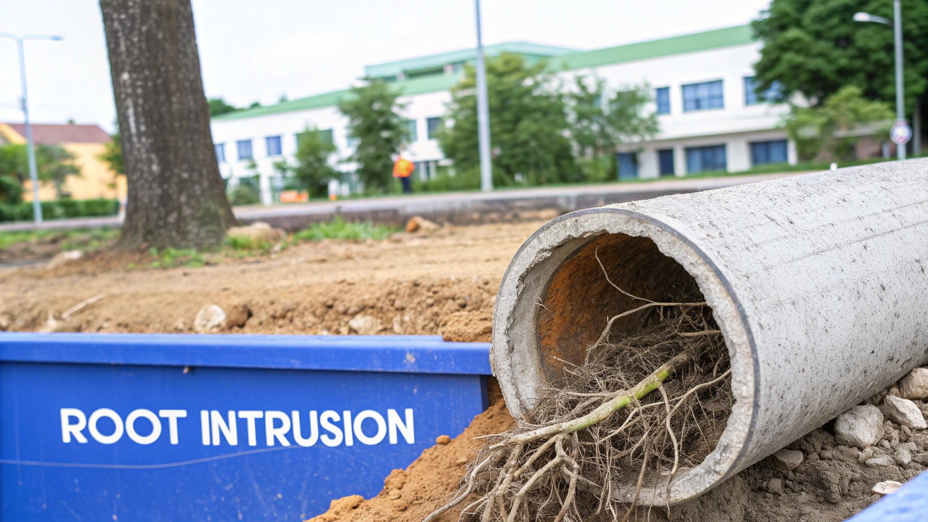 A broken concrete pipe lying in dirt, filled with tree roots, with a 'Root Intrusion' sign.