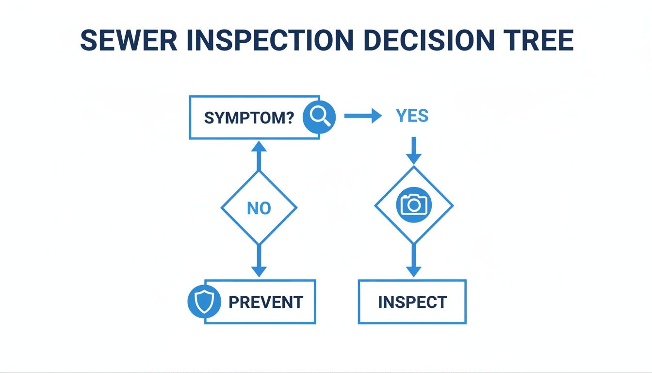 A decision tree flowchart for sewer inspection, showing paths for symptom presence and prevention.