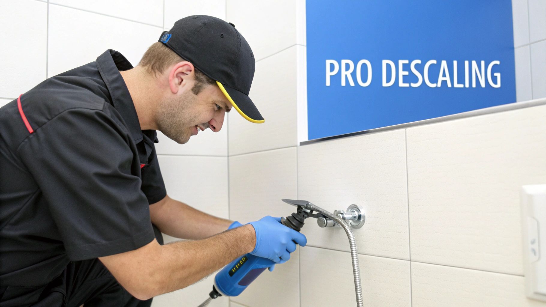 A professional technician in uniform uses a tool to descale a shower head on a tiled wall.