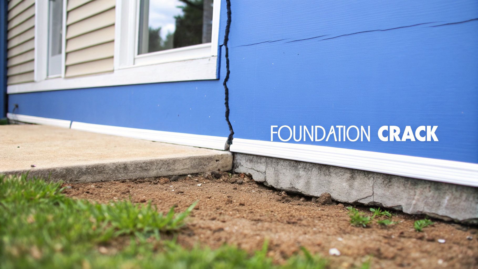 A deep vertical crack visible in the blue siding and concrete foundation of a home.
