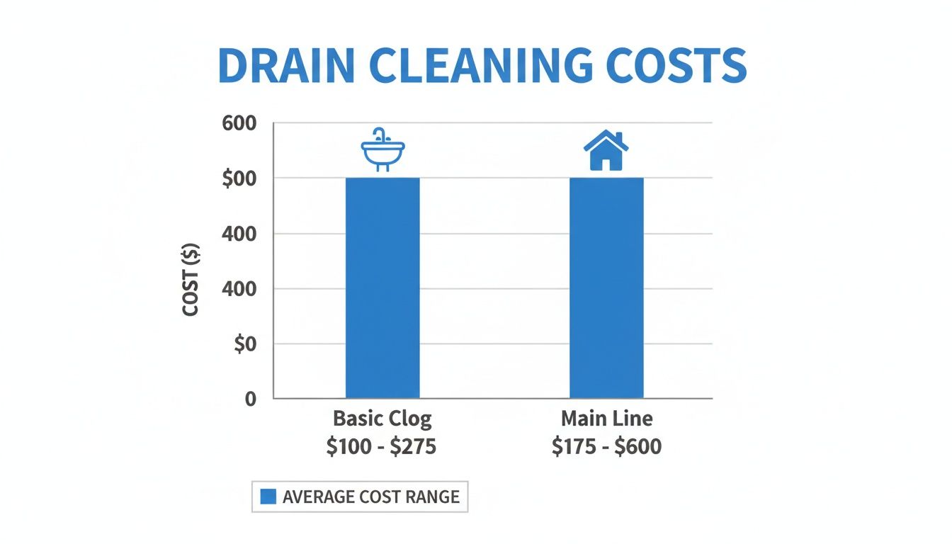 Bar chart illustrating drain cleaning costs: Basic Clog ranges from $100-$275, Main Line from $175-$600.