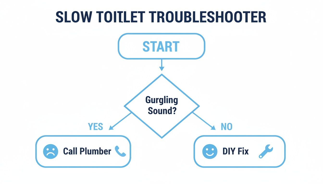 Flowchart troubleshooting a slow toilet: Gurgling sound means call plumber, otherwise DIY fix.