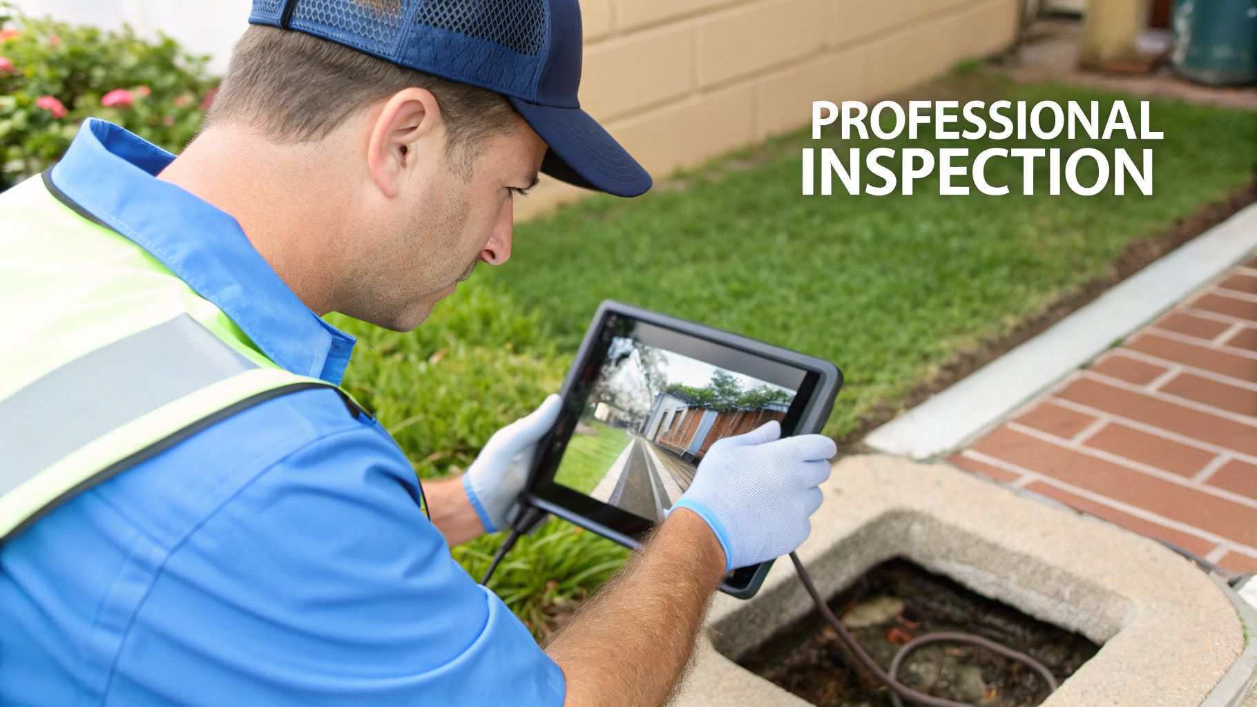 A professional inspector uses a tablet to view a sewer camera feed, performing an outdoor inspection.