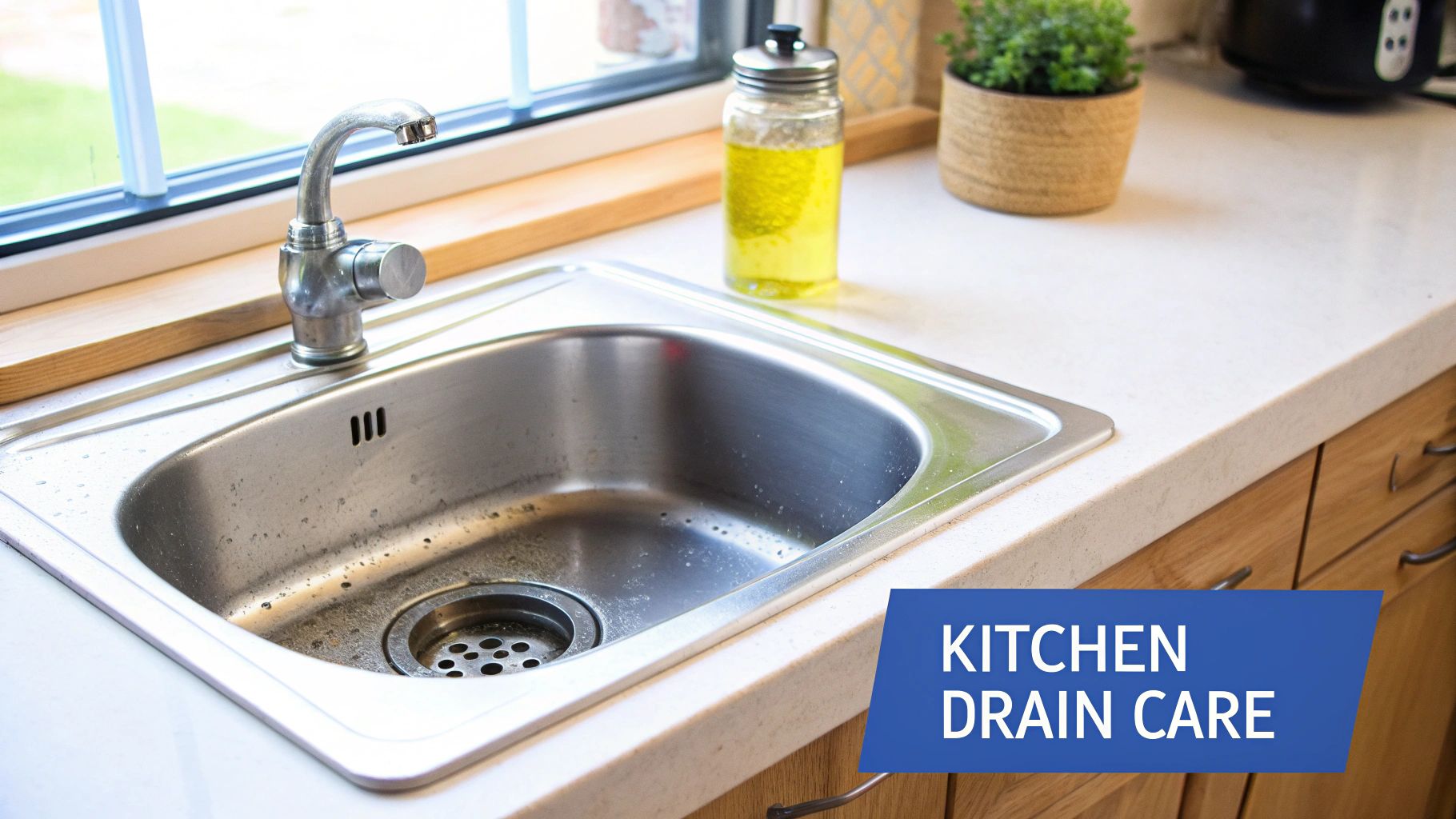 A clean stainless steel kitchen sink and faucet next to a window, promoting drain care.