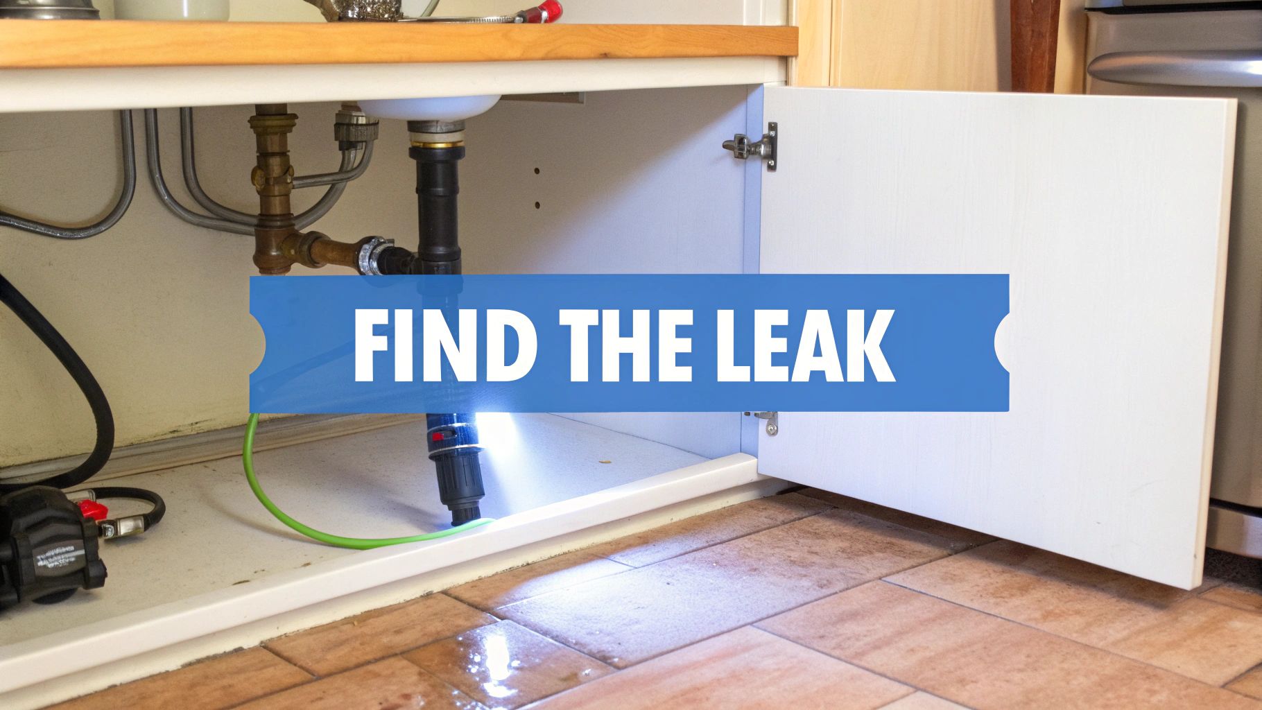 A flashlight illuminates a water leak under a kitchen sink, creating a puddle on the tiled floor.