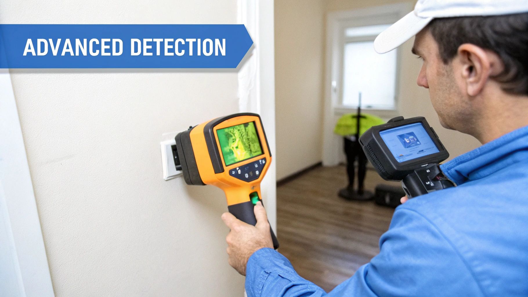 A technician uses thermal imaging cameras to inspect a wall outlet for hidden issues.