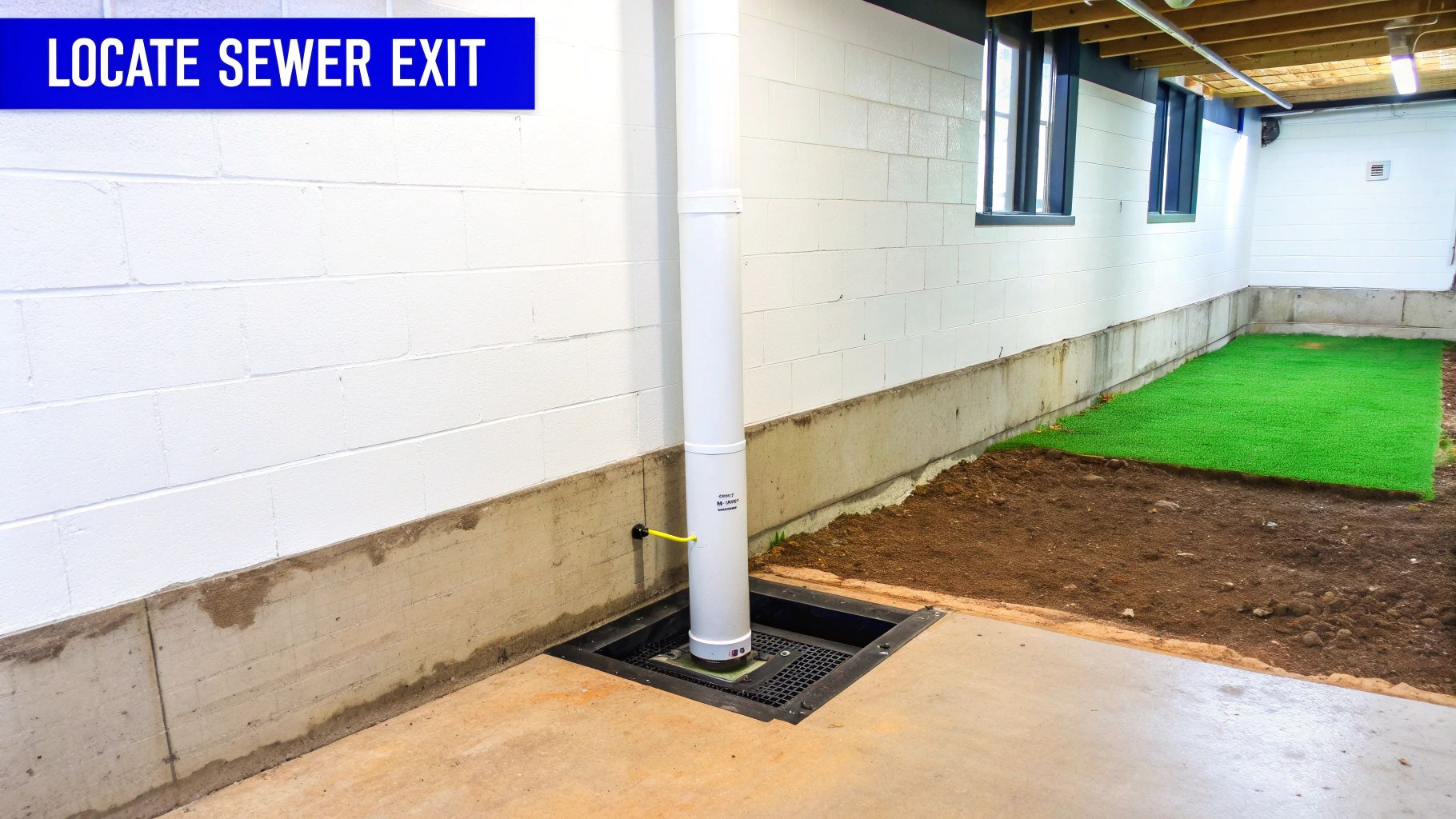 A basement interior showing a white wall, concrete foundation, floor, and a sewer exit pipe.