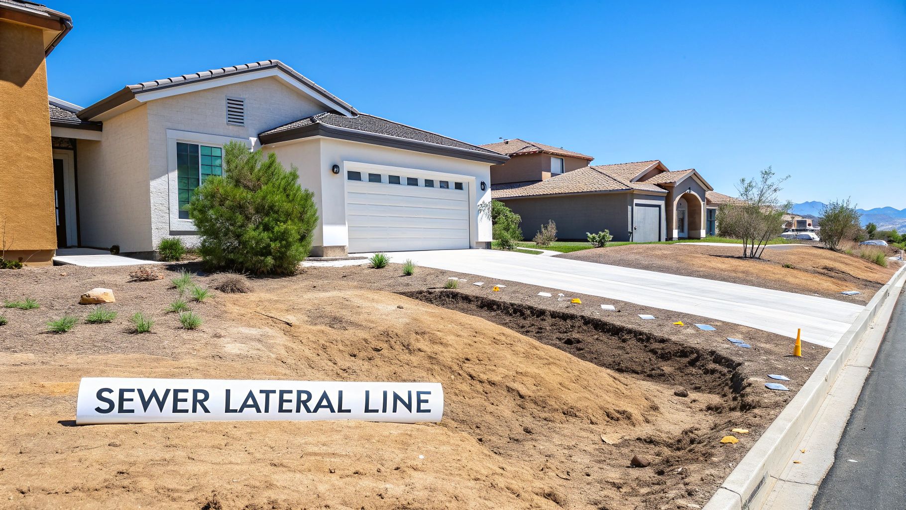 A sunny view of new suburban homes with a 'Sewer Lateral Line' sign on disturbed ground.