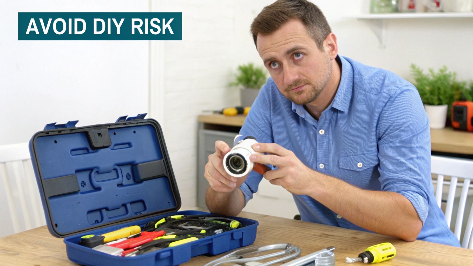 A man in a blue shirt holds a plumbing part, looking up, with an open toolbox and tools on a table. Text: "AVOID DIY RISK".