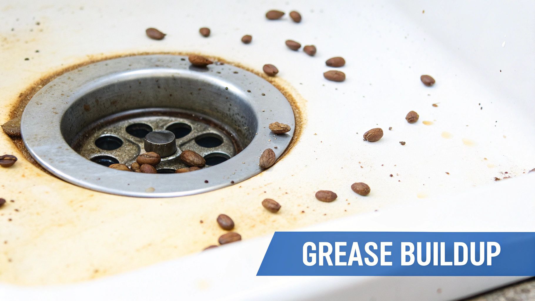 A close-up of a dirty kitchen sink drain with coffee beans and significant grease buildup around it.