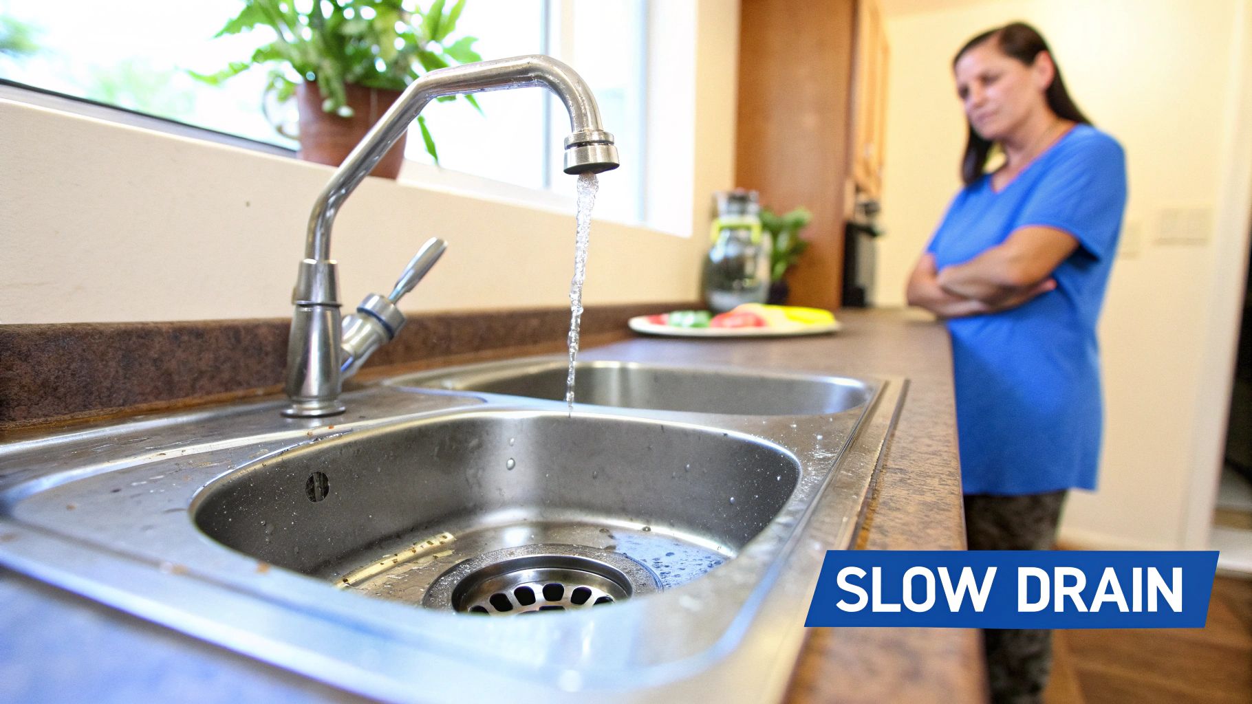 A concerned woman watches water slowly draining from a kitchen faucet into a double sink.