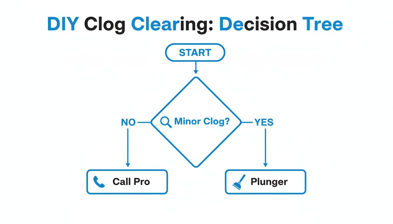 A DIY clog clearing decision tree flowchart, guiding users to use a plunger for minor clogs or call a pro.