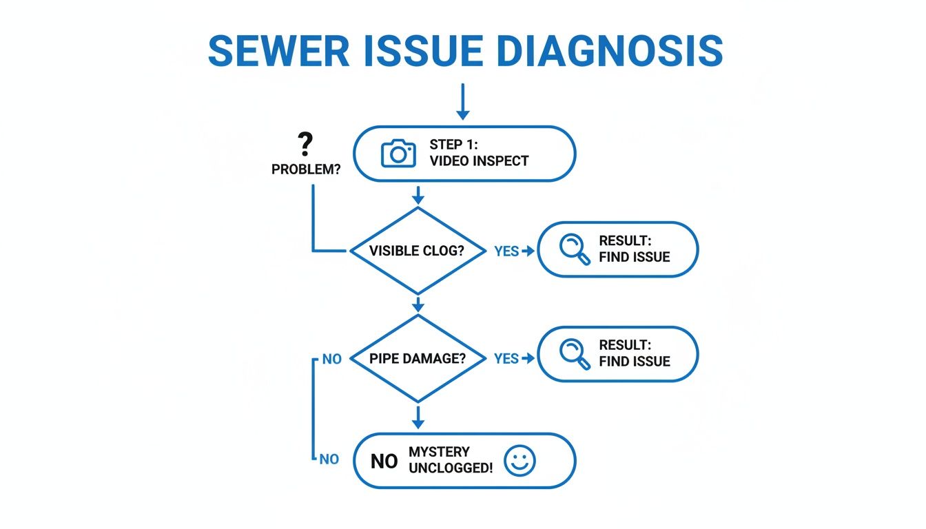 Flowchart illustrating a sewer issue diagnosis process, from video inspection to identifying clogs or pipe damage.