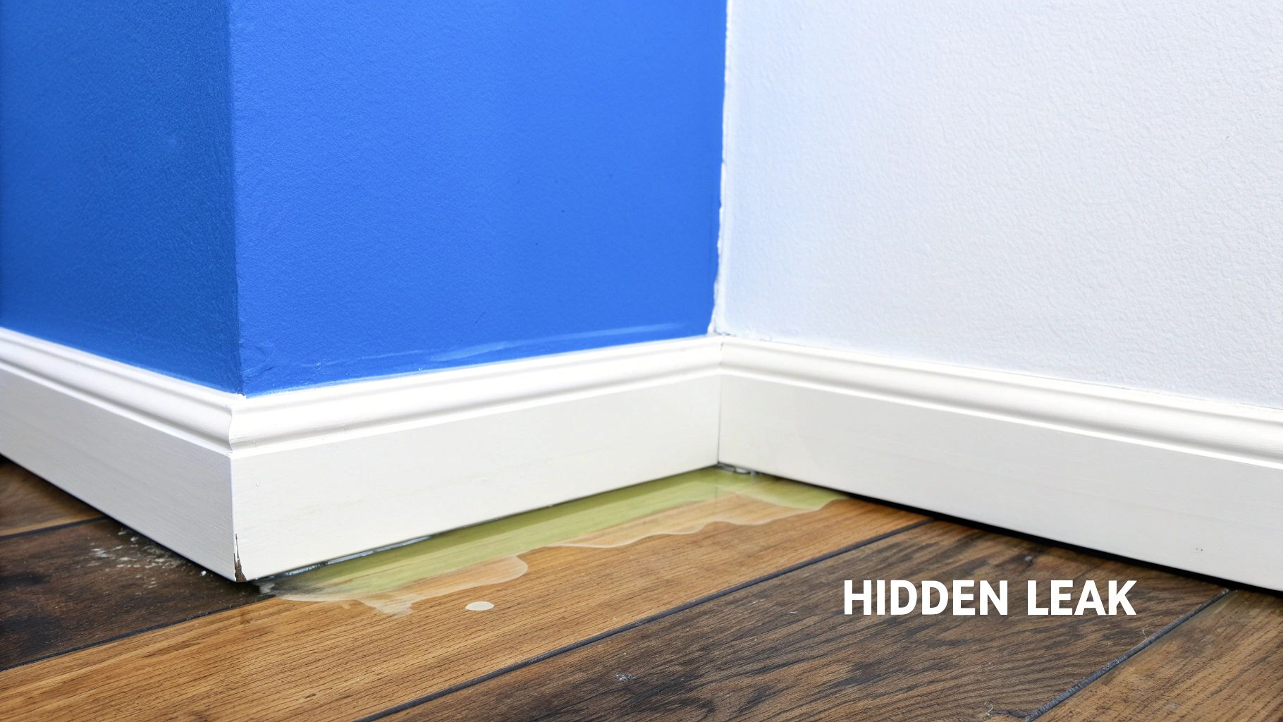 8 Critical Signs It's Time to Call a Plumber in Las Vegas 1 A water leak showing a yellowish-green liquid stain on the wooden flooring and white baseboard in the corner of a room.