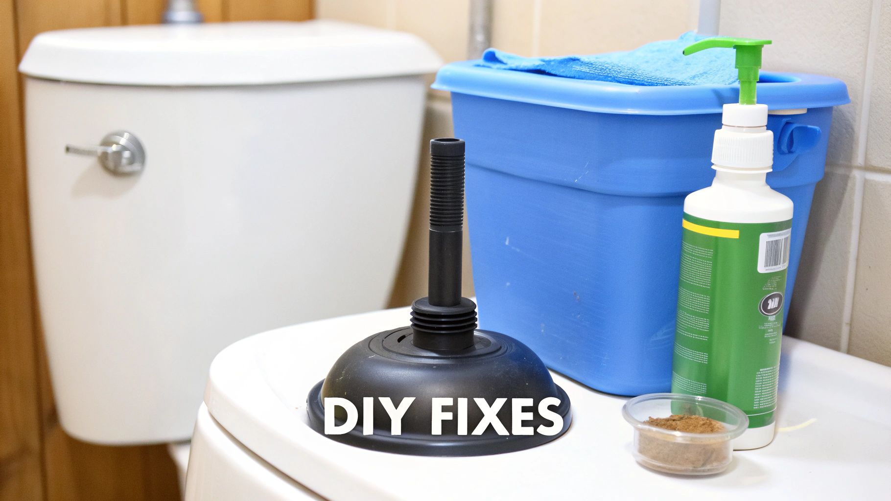 Tools for DIY plumbing fixes, including a toilet plunger, cleaning solution, and a bucket.
