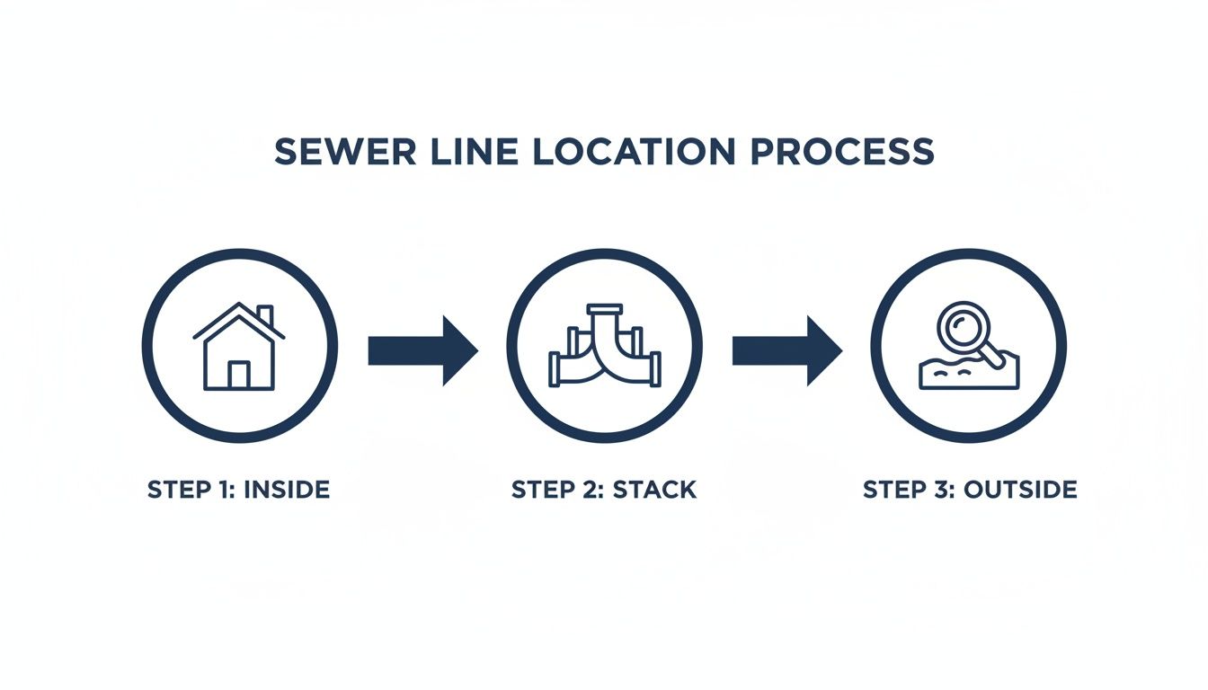 Diagram illustrating the three steps of sewer line location: inside, pipe stack, and outside inspection.