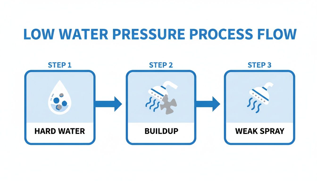 A flow chart illustrating how hard water causes mineral buildup, resulting in a weak shower spray.