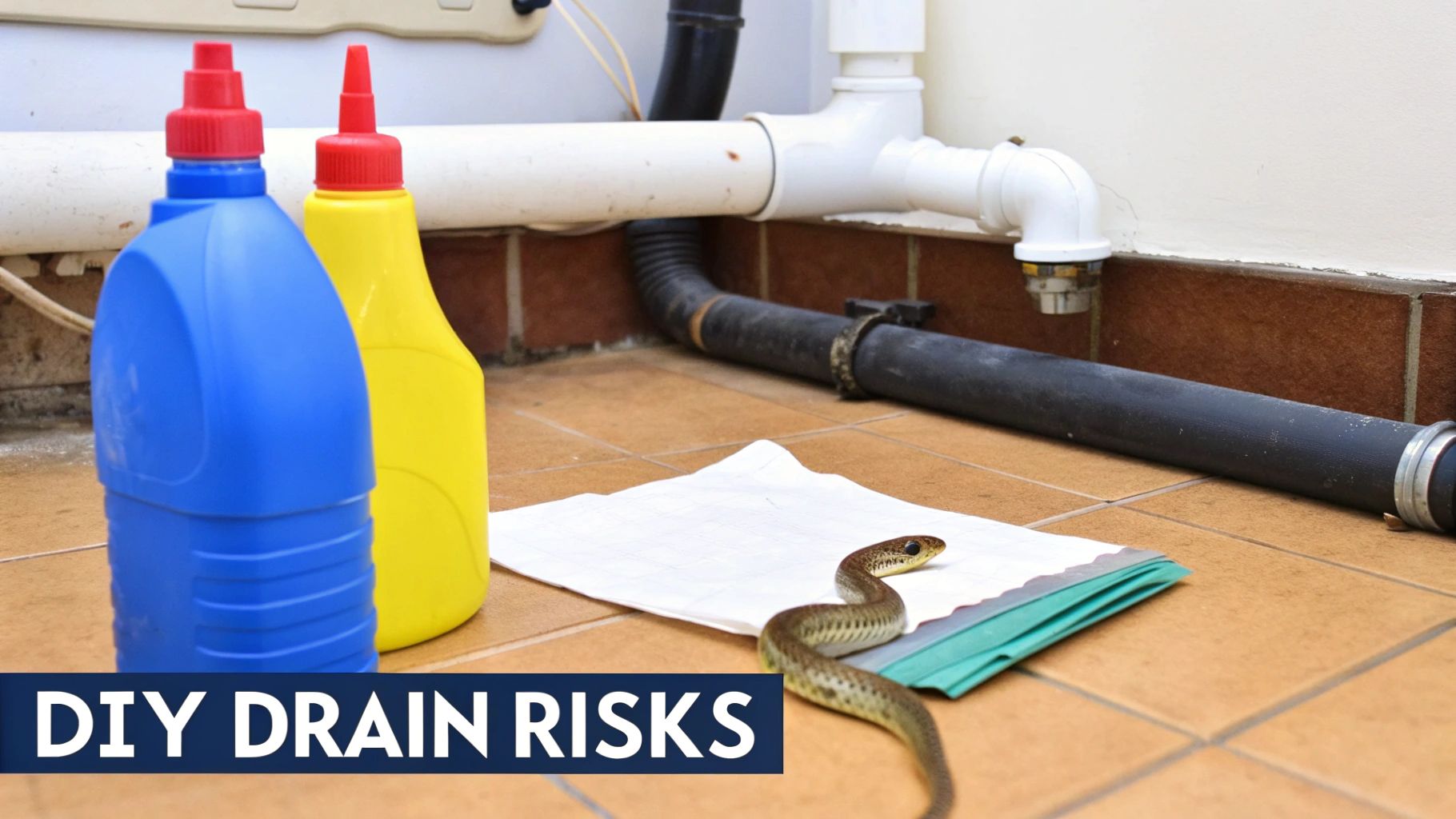 Two bottles of drain cleaner, plumbing pipes, and a snake on the tiled floor with text 'DIY DRAIN RISKS'.