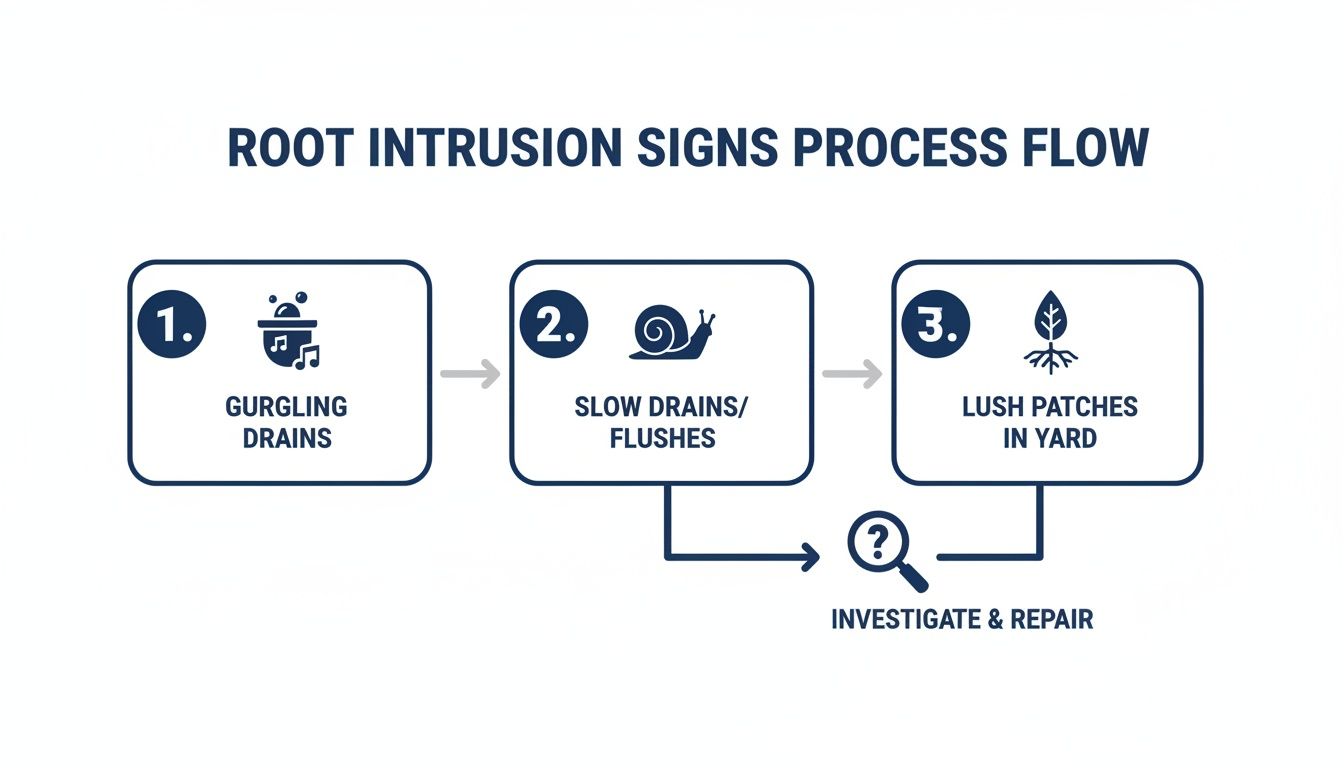 A Homeowner's Guide to Root Removal From Sewer Line in Las Vegas 2 Diagram illustrating the process flow of root intrusion signs, including gurgling drains, slow flushes, and lush yard patches.