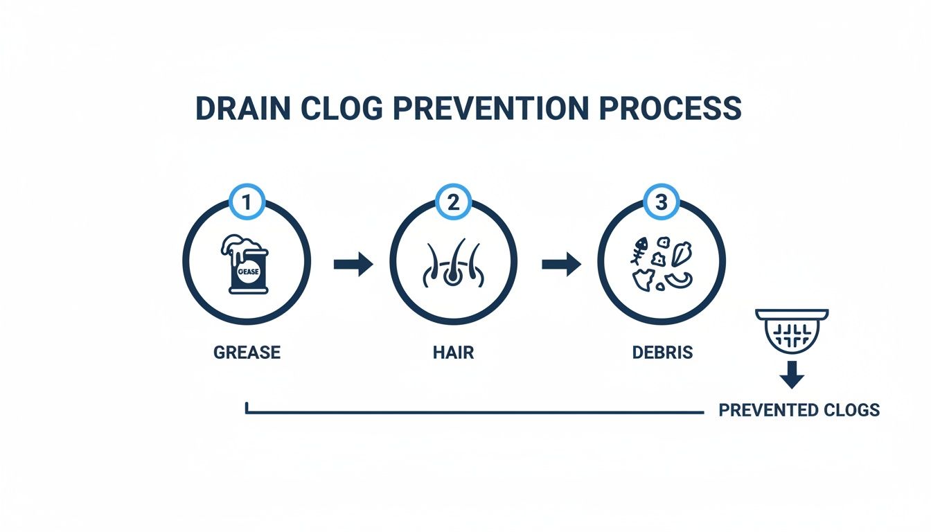 Infographic illustrating the drain clog prevention process by targeting grease, hair, and debris.