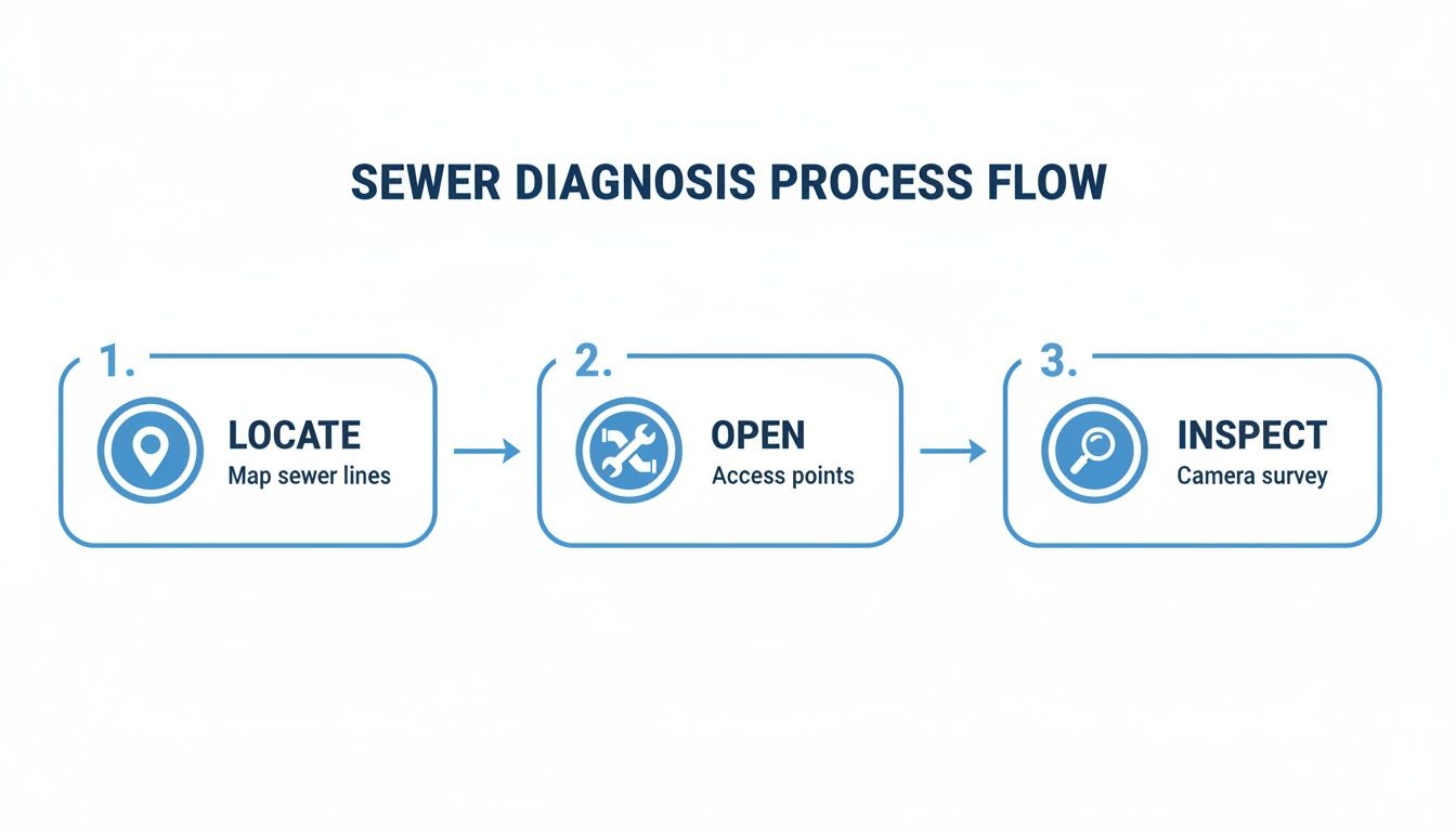 Sewer diagnosis process flow diagram illustrating steps: locate lines, open access points, and inspect with camera.