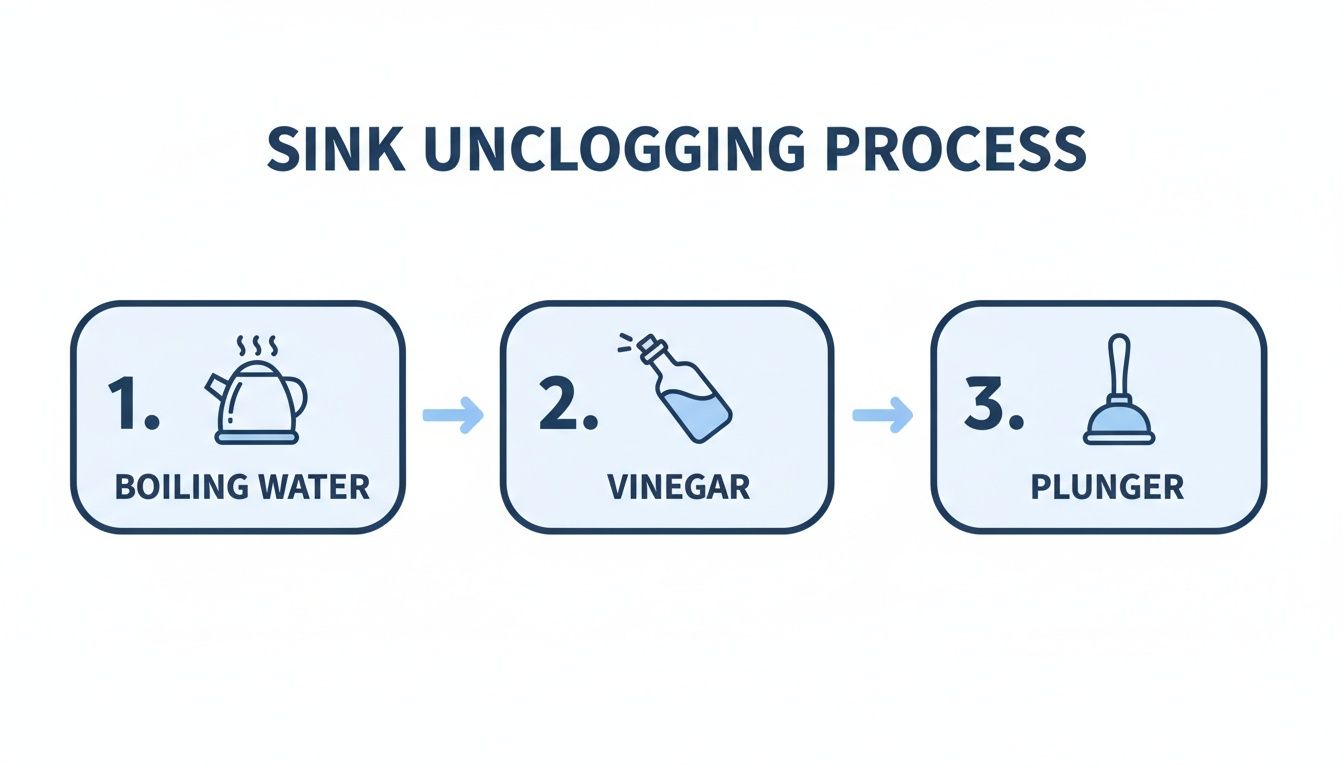 Illustration of a three-step sink unclogging process using boiling water, vinegar, and a plunger.