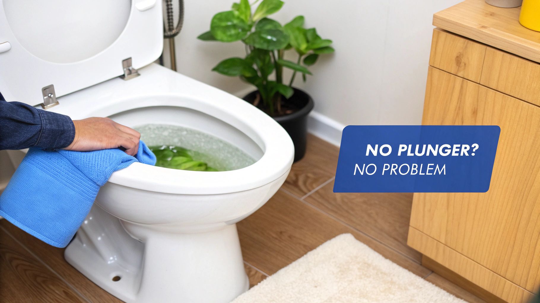 A person's hand uses a blue towel in a toilet bowl, suggesting a method to unclog it without a plunger.